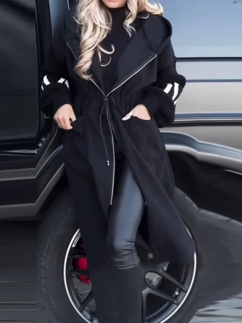 ZARA Winter Fashion Hooded Lapel Casual Mid Length Coat with Pockets